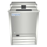A stainless steel Empura Refrigeration commercial ice bin with a rectangular shape, hinged sliding lid on top, front logo panel, and three horizontal ventilation slats. The clean, modern design is ideal for food service settings.