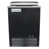 A black commercial refrigerated beverage cooler with a stainless steel top and the Empura logo on the front. It features forced-air cooling, a solid door, a small digital control panel near the bottom, and horizontal ventilation slats at the base.