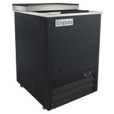 A black commercial bottle cooler with a sliding stainless steel lid and stainless steel interior, labeled “Empura” on the front. The unit stands on small legs and features a vented lower panel and control buttons, ideal for bar or restaurant use.