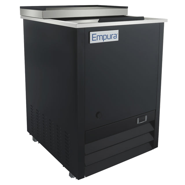 A black commercial bottle cooler with a sliding stainless steel lid and stainless steel interior, labeled “Empura” on the front. The unit stands on small legs and features a vented lower panel and control buttons, ideal for bar or restaurant use.