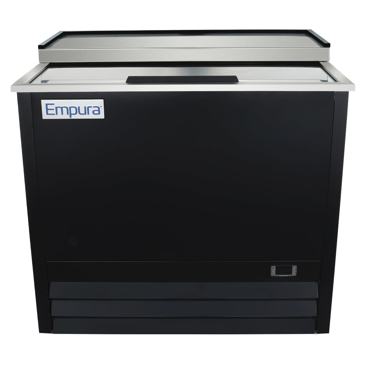 A commercial black and stainless steel Empura beer bottle cooler with a sliding top lid, similar to a stainless steel freezer. The front features the Empura logo on the upper left and a small recessed handle near the bottom right. The appliance appears sturdy and industrial.