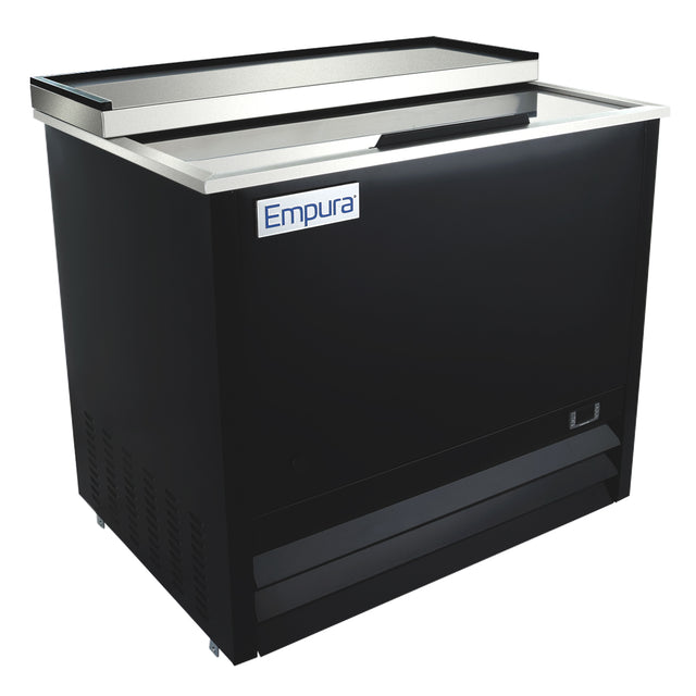A commercial black beverage cooler with a stainless steel sliding lid, front vent, and “Empura” logo on the upper front panel. This unit offers versatile drink storage, making it ideal for busy bars or restaurants needing a reliable commercial freezer.