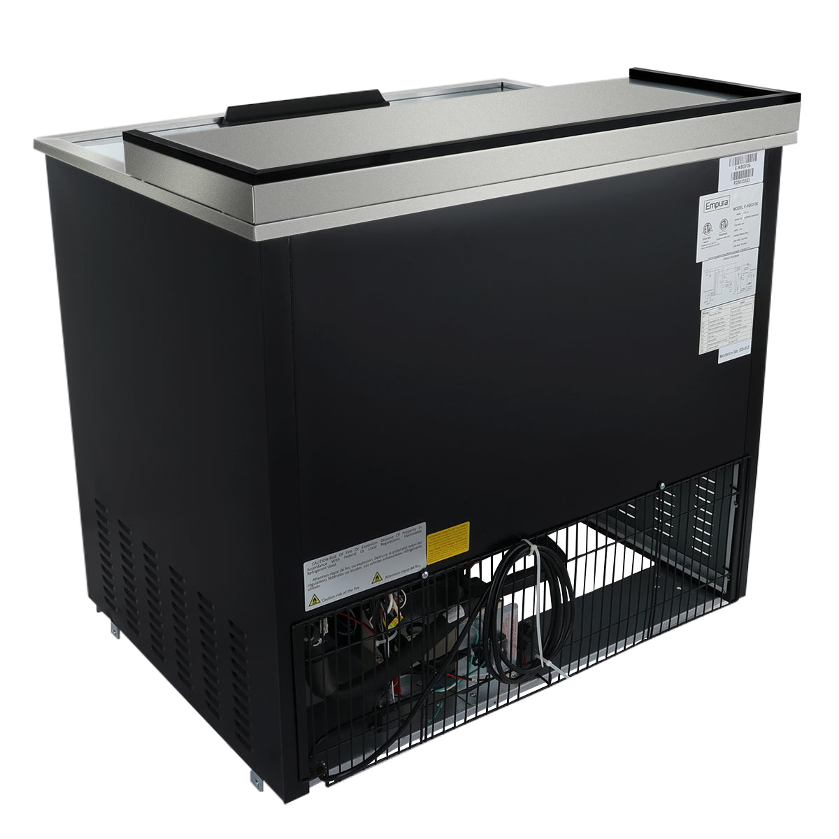 A large, rectangular commercial freezer with a sliding top lid is shown. The black cooler features ventilation grilles and visible wiring at the bottom front, manufacturer labels on the side, and an industrial design.