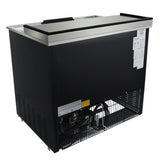 A large, rectangular commercial freezer with a sliding top lid is shown. The black cooler features ventilation grilles and visible wiring at the bottom front, manufacturer labels on the side, and an industrial design.