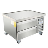 A commercial Empura refrigeration prep table with two pull-out drawers, a vented cooling unit, and four caster wheels. This stainless steel refrigeration unit features a smooth flat worktop and a clean, modern appearance.