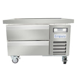 A commercial Empura refrigeration stainless steel prep table with two drawers, ventilation grates, digital display, and heavy-duty caster wheels. This sleek refrigerated equipment stand features a flat surface and industrial design for any kitchen.