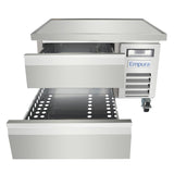 A stainless steel Empura refrigeration unit serves as a refrigerated equipment stand, featuring two open drawers with perforated trays, a vented section with a fan, four wheels (one with a brake lever), a flat top, and a digital control display.