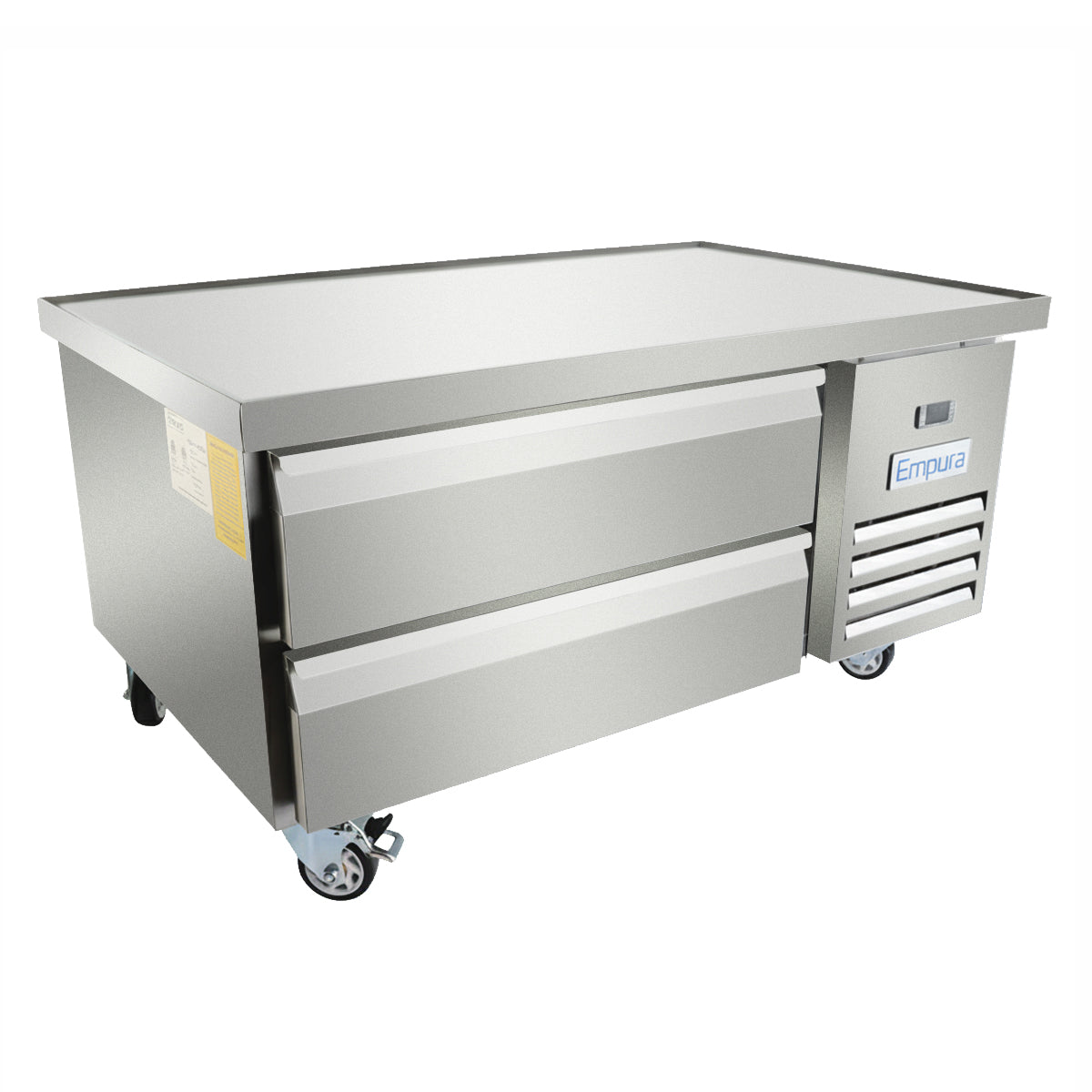 A commercial stainless steel refrigerated equipment stand with two drawers and right-side ventilation grills, resting on four casters for mobility. The flat top surface and Empura refrigeration label add to its professional look.