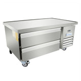 A commercial stainless steel refrigerated equipment stand with two drawers and right-side ventilation grills, resting on four casters for mobility. The flat top surface and Empura refrigeration label add to its professional look.