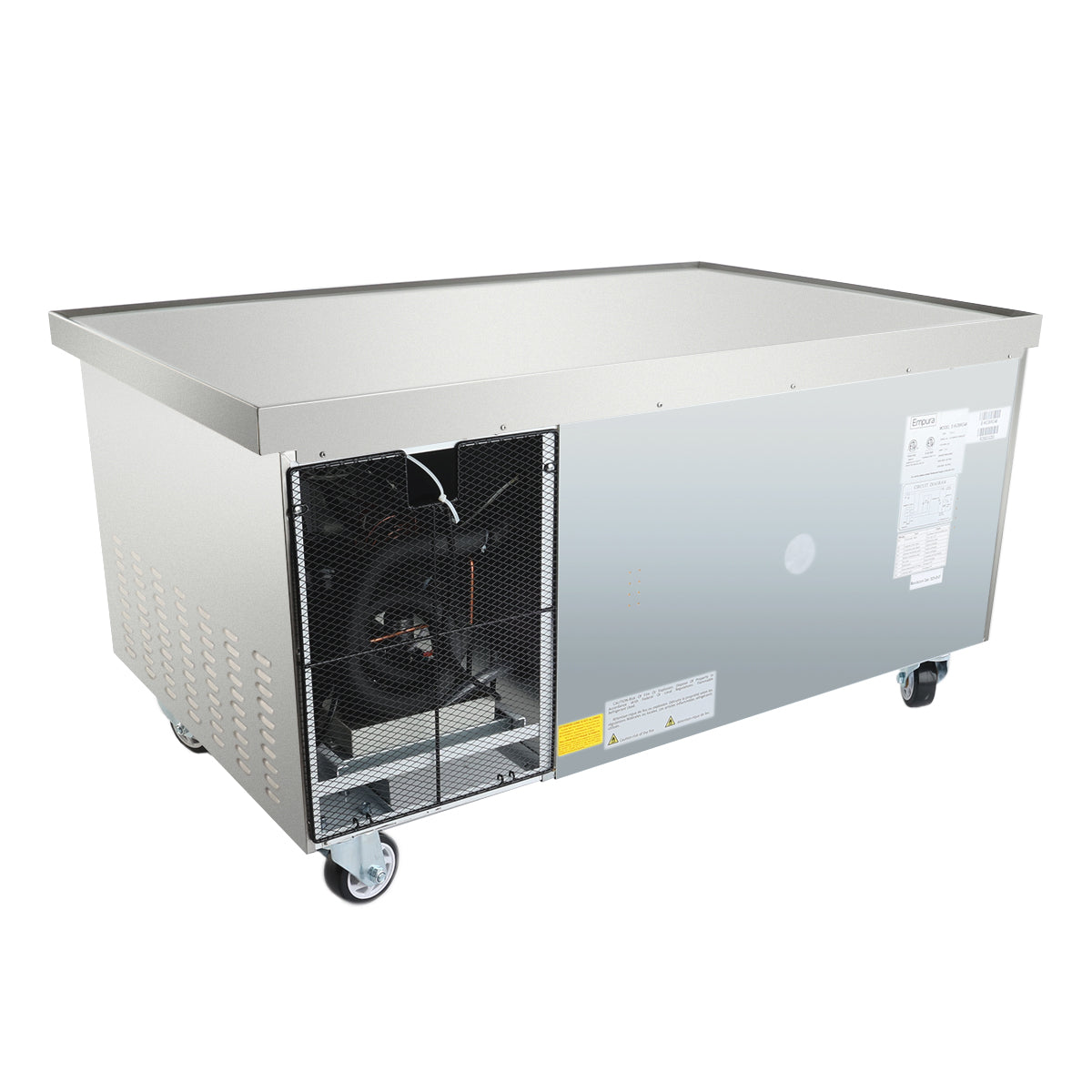 A commercial Empura refrigeration stainless steel refrigerated equipment stand on wheels, featuring an open vent displaying internal cooling components and various informational labels on the exterior. The flat top is ideal for food service use.