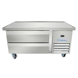 A stainless steel Empura refrigeration unit serves as a versatile refrigerated equipment stand, featuring a flat top, two large pull-out drawers on the left, and a vented cooling compartment on the right. Four caster wheels offer mobility, with two visible.