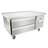 A sleek, industrial Empura Refrigeration stainless steel refrigerated equipment stand with two wide drawers, a door on wheels, flat top surface, and right-side ventilation grates. The Empura brand name is featured on the door.