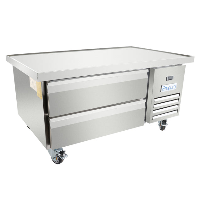 A sleek, industrial Empura Refrigeration stainless steel refrigerated equipment stand with two wide drawers, a door on wheels, flat top surface, and right-side ventilation grates. The Empura brand name is featured on the door.
