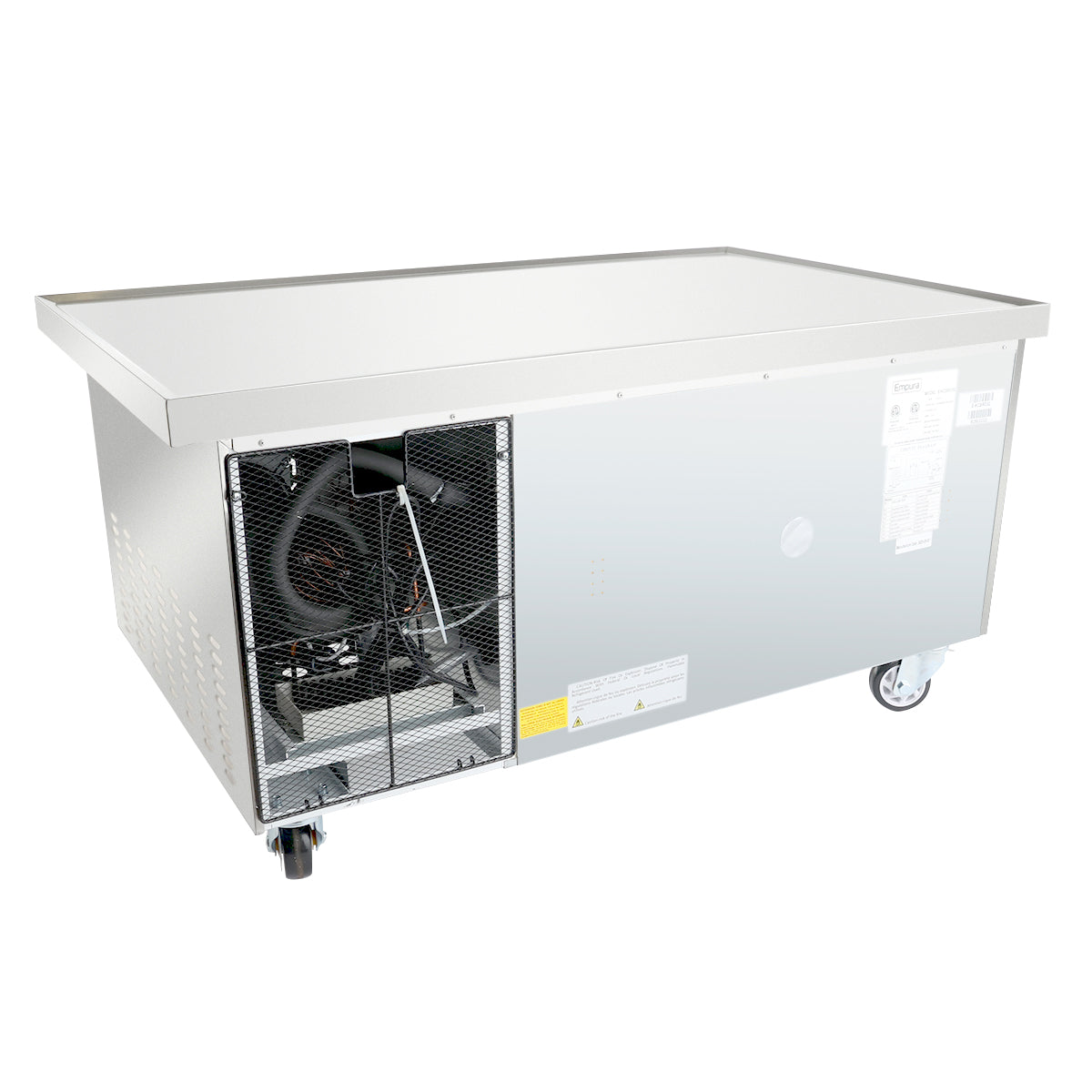 A large rectangular Empura Refrigeration stainless steel refrigerated equipment stand on wheels, with an exposed cooling unit and vented section showing internal components. The smooth top has raised edges, with visible warning and info labels.
