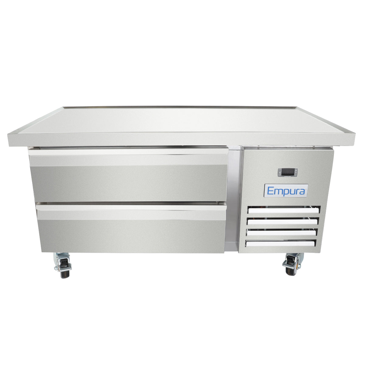 A stainless steel Empura Refrigeration equipment stand with two large drawers on the left and a vented refrigeration unit on the right. It features four wheels for mobility and displays the Empura name above the unit vent.