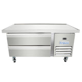 A stainless steel Empura Refrigeration equipment stand with two large drawers on the left and a vented refrigeration unit on the right. It features four wheels for mobility and displays the Empura name above the unit vent.
