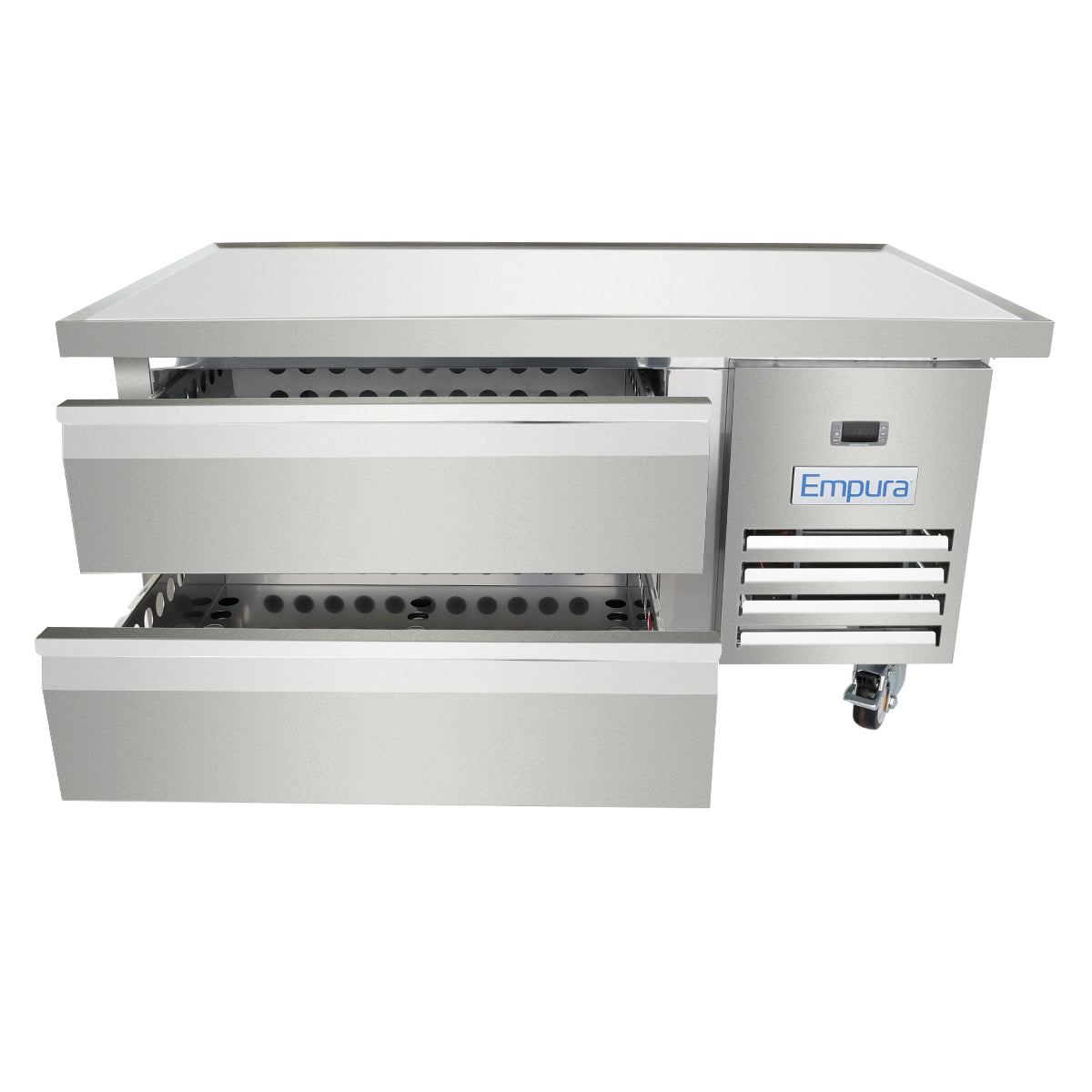 A stainless steel refrigerated equipment stand by Empura Refrigeration features two large open drawers on the left, a vented cooling unit on the right, caster wheels for mobility, and a flat top surface.