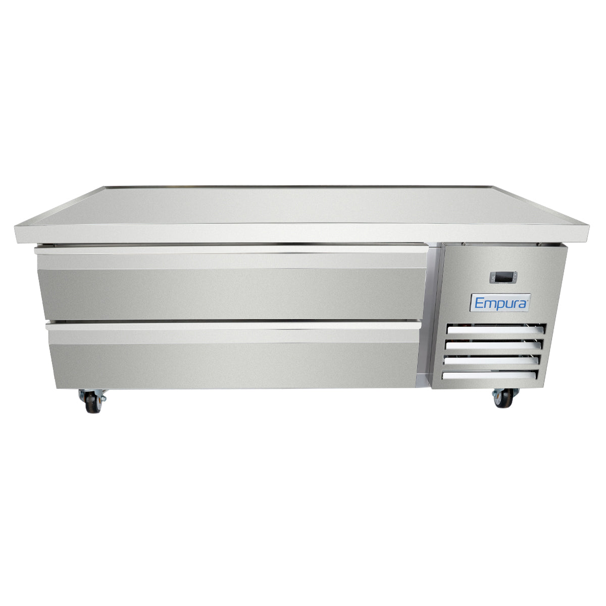 A stainless steel Empura refrigeration prep table features two left-side drawers and a vented refrigerated equipment stand on the right, all mounted on four caster wheels, set against a white background.
