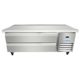 A stainless steel Empura refrigeration prep table features two left-side drawers and a vented refrigerated equipment stand on the right, all mounted on four caster wheels, set against a white background.