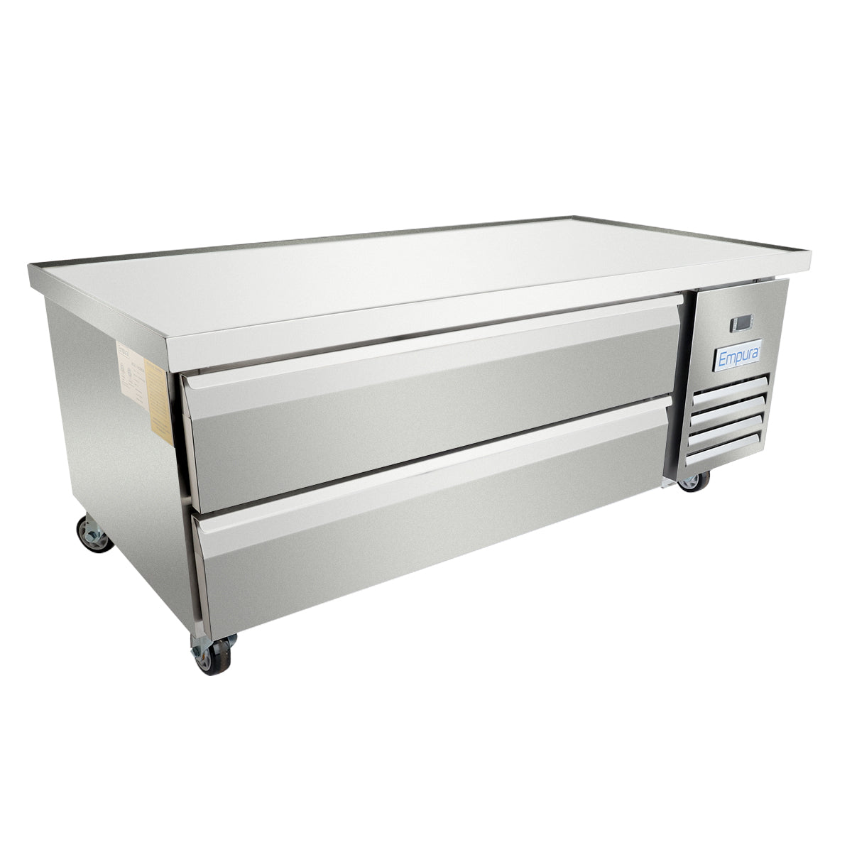 A commercial stainless steel prep table with two large front drawers, four caster wheels, and an Empura refrigeration unit on the right side. The flat, smooth surface makes this refrigerated equipment stand ideal for professional kitchen food prep.