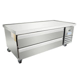 A commercial stainless steel prep table with two large front drawers, four caster wheels, and an Empura refrigeration unit on the right side. The flat, smooth surface makes this refrigerated equipment stand ideal for professional kitchen food prep.