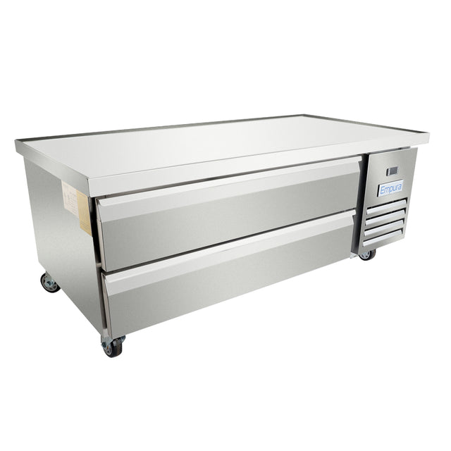 A commercial stainless steel prep table with two large front drawers, four caster wheels, and an Empura refrigeration unit on the right side. The flat, smooth surface makes this refrigerated equipment stand ideal for professional kitchen food prep.