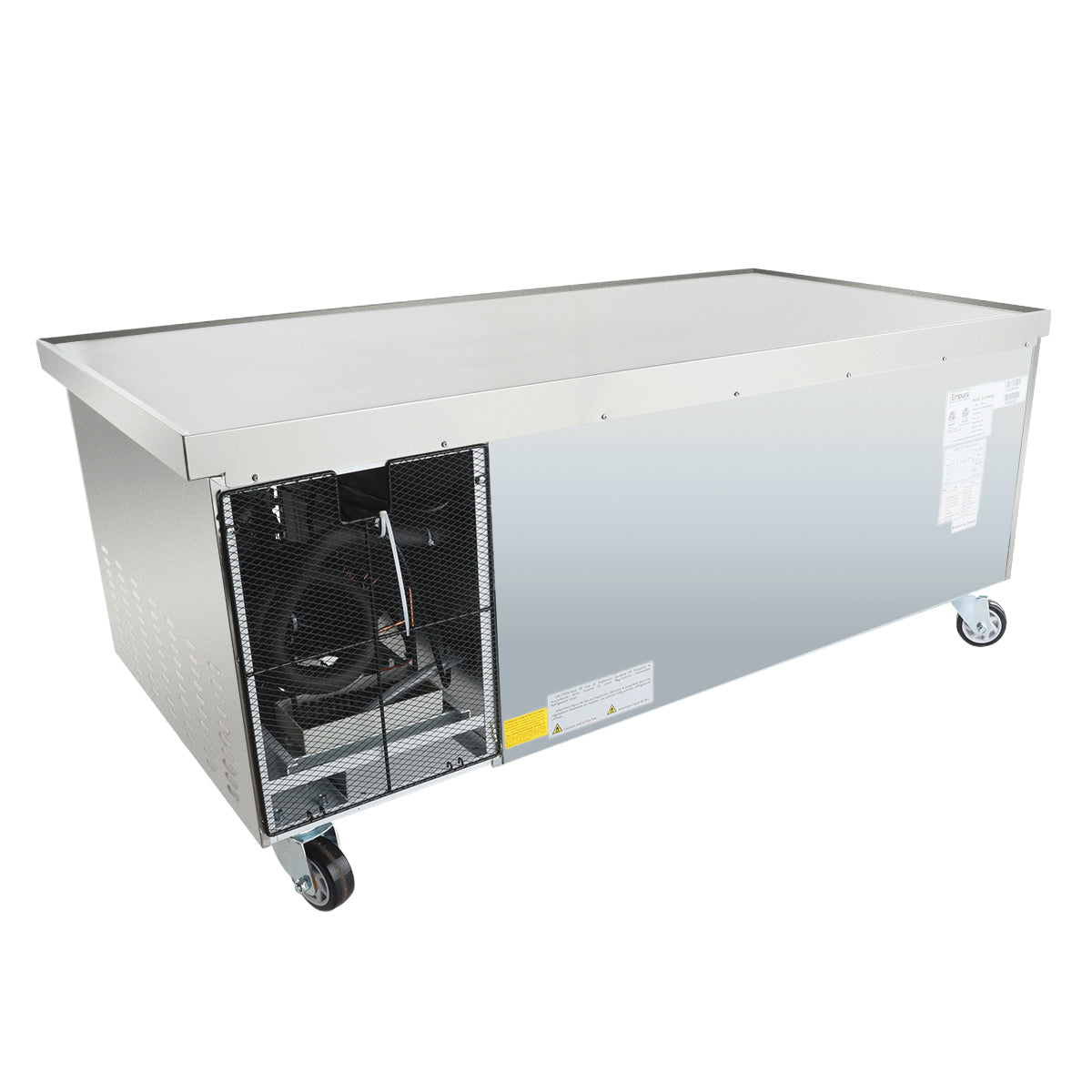 A large stainless steel refrigerated prep table on wheels, featuring a closed flat top and a visible compressor unit with mesh cover on one end. This Empura refrigeration equipment stand is industrial-sized, ideal for commercial kitchen use.