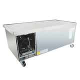 A large stainless steel refrigerated prep table on wheels, featuring a closed flat top and a visible compressor unit with mesh cover on one end. This Empura refrigeration equipment stand is industrial-sized, ideal for commercial kitchen use.
