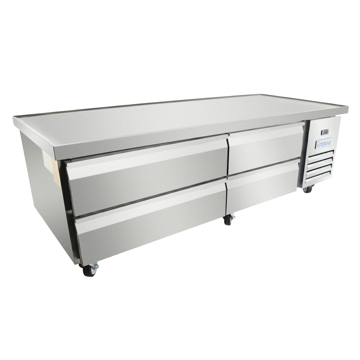 A sleek, modern Empura refrigeration stainless steel refrigerated stand with four pull-out drawers and a flat top surface on wheels. The right side has a vented cooling unit and digital control panel, perfect as a versatile refrigerated equipment stand.
