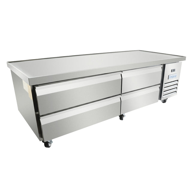 A sleek, modern Empura refrigeration stainless steel refrigerated stand with four pull-out drawers and a flat top surface on wheels. The right side has a vented cooling unit and digital control panel, perfect as a versatile refrigerated equipment stand.