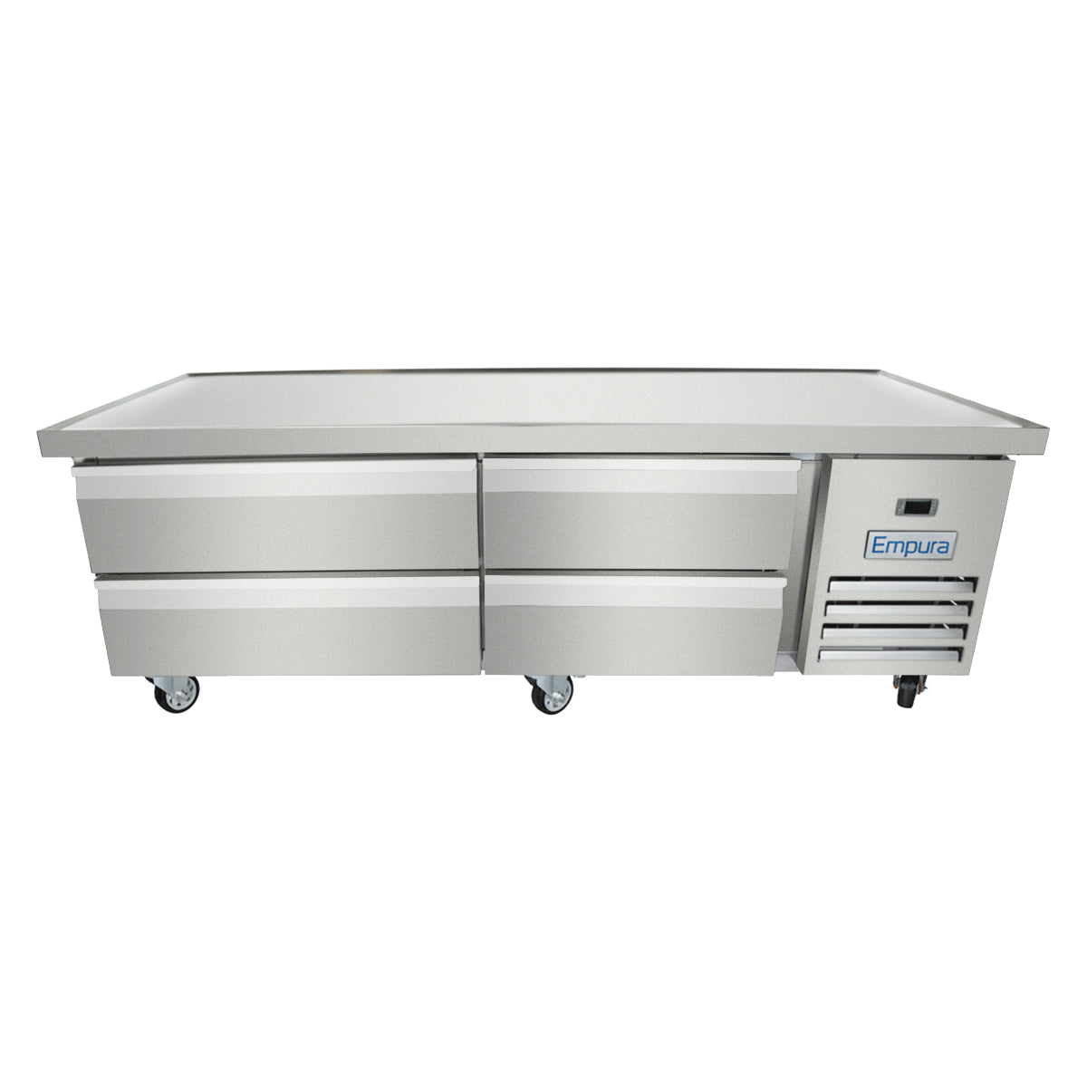 A large Empura refrigeration stainless steel refrigerated stand with four drawers on wheels. The right side features a vent and control panel. Its flat top is ideal for food prep, perfect as a refrigerated equipment stand for kitchens or restaurants.