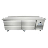 A large Empura refrigeration stainless steel refrigerated stand with four drawers on wheels. The right side features a vent and control panel. Its flat top is ideal for food prep, perfect as a refrigerated equipment stand for kitchens or restaurants.