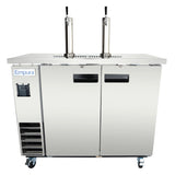 A stainless steel Empura refrigeration beer keg cooler with two tap handles, two doors, a vented panel on the lower left, black handles, wheels for mobility, and an Empura brand label on the upper left corner.