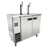 A stainless steel commercial beer kegerator with two tap towers, double doors, a left-side vented cooling system, small Empura display, and caster wheels. This clean, modern direct draw beer dispenser is perfect for serving fresh draft beverages.