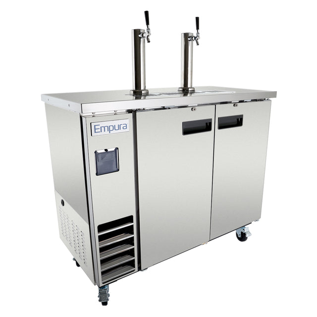 A stainless steel commercial beer kegerator with two tap towers, double doors, a left-side vented cooling system, small Empura display, and caster wheels. This clean, modern direct draw beer dispenser is perfect for serving fresh draft beverages.