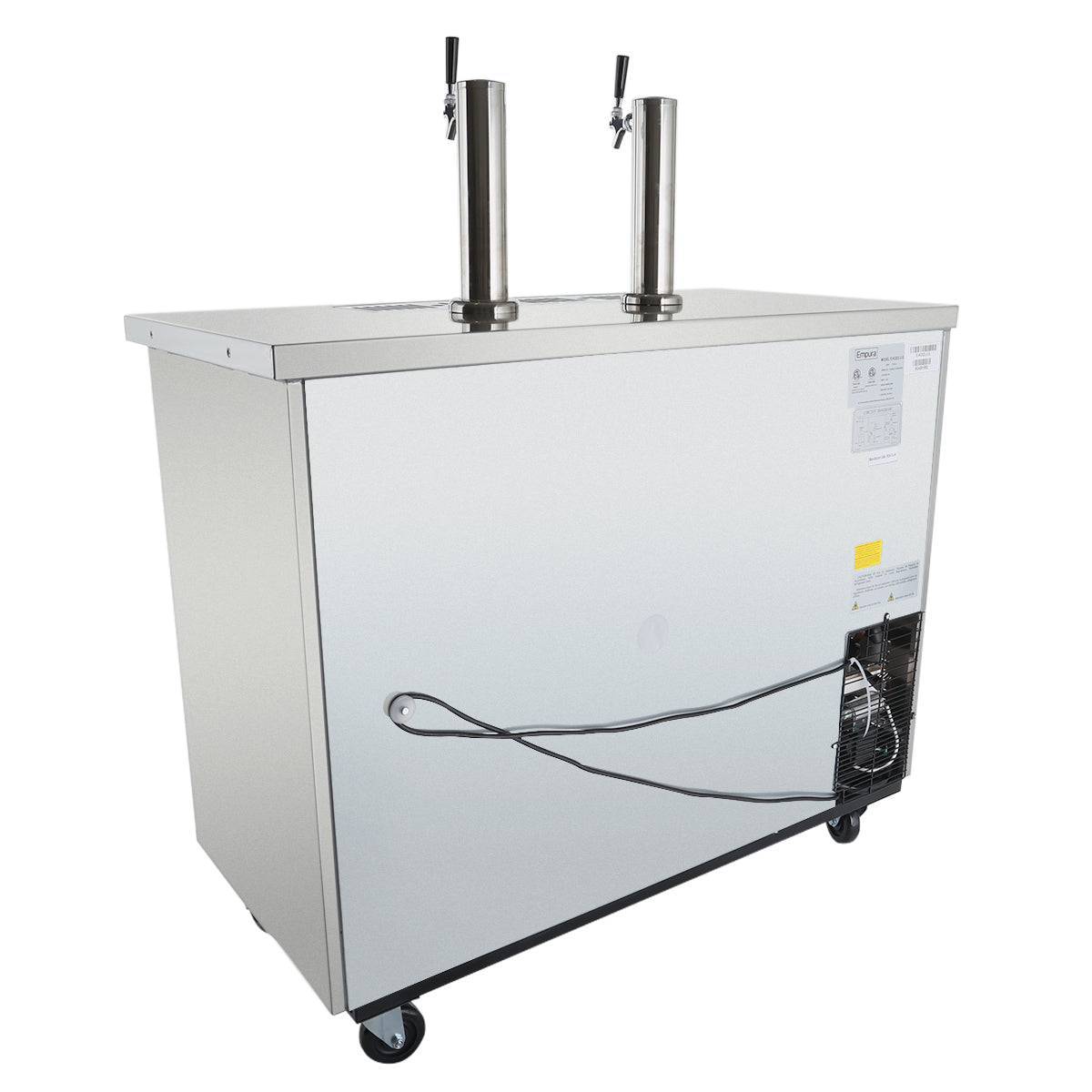 A stainless steel direct draw beer dispenser kegerator with two vertical tap towers and handles on top, mounted on four wheels. The front has a cooling unit and coiled cable, with information labels visible on the side panel.