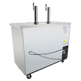 A stainless steel direct draw beer dispenser kegerator with two vertical tap towers and handles on top, mounted on four wheels. The front has a cooling unit and coiled cable, with information labels visible on the side panel.