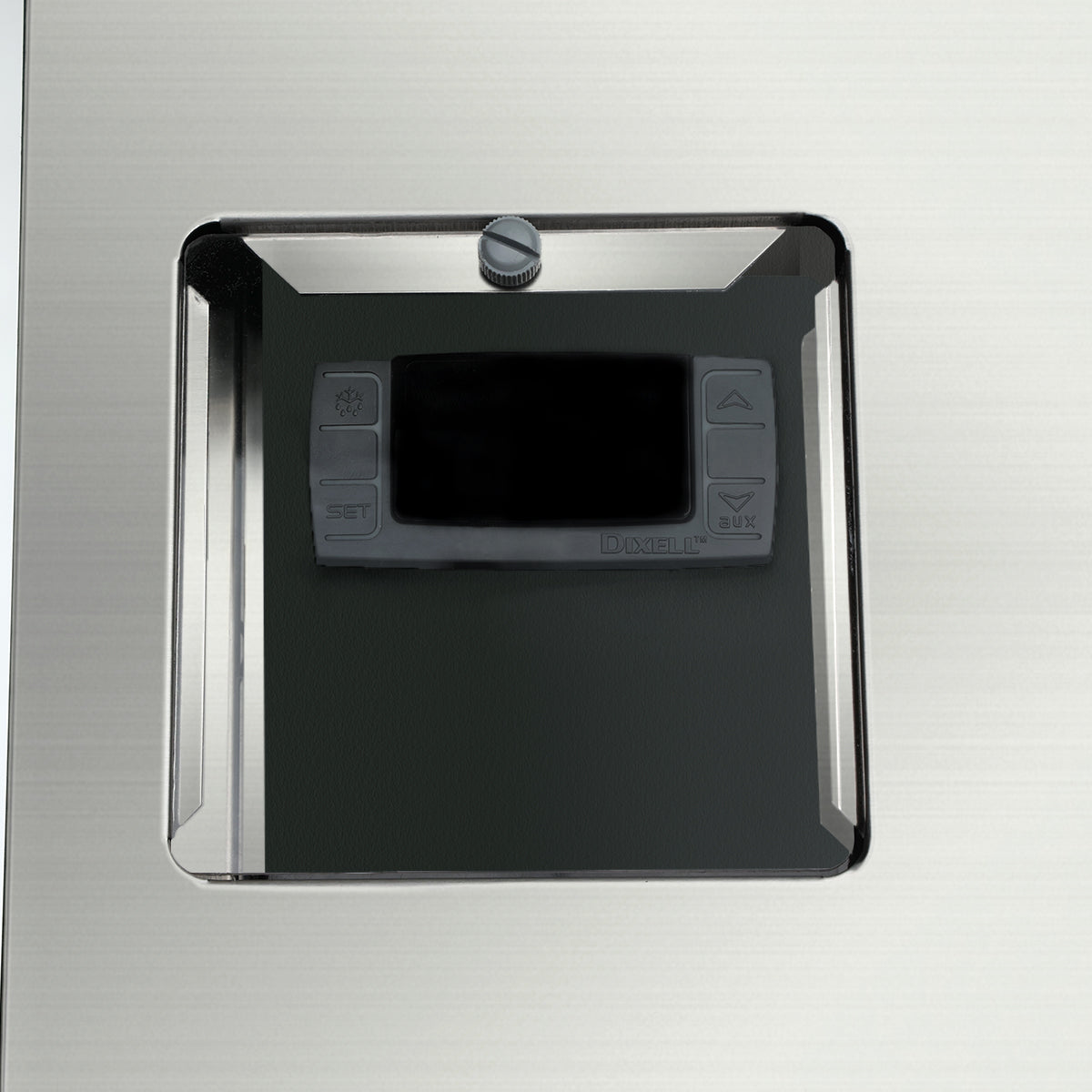 A metallic control panel on a commercial beer dispenser features a rectangular digital display at the center. Four labeled buttons, including SET and arrows, surround the display. The panel is recessed into a brushed metal surface with a reflective border and top screw.