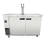 A stainless steel commercial beer dispenser with two tap handles on top, two black-handled doors, a vent and control panel on the left, and four caster wheels below. The Empura brand is labeled on the left side.