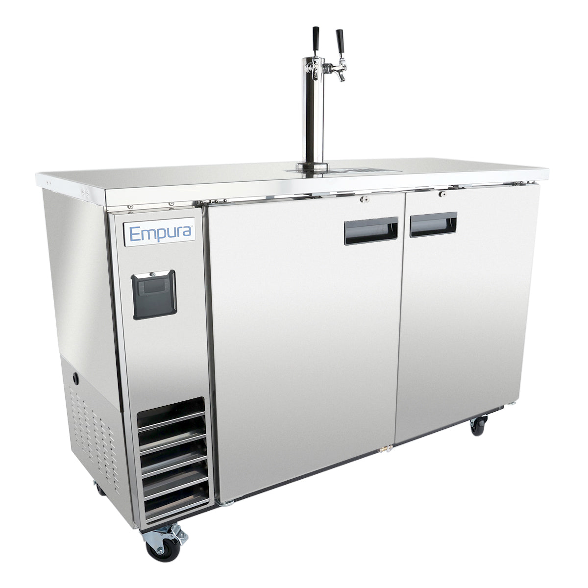 A stainless steel commercial beer dispenser with two tap handles, two front doors, a side vent, four caster wheels, and an Empura label on the upper left door. This direct draw beer dispenser has a flat top and a polished, modern appearance.