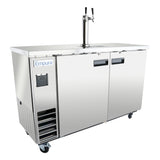 A stainless steel commercial beer dispenser with two tap handles, two front doors, a side vent, four caster wheels, and an Empura label on the upper left door. This direct draw beer dispenser has a flat top and a polished, modern appearance.