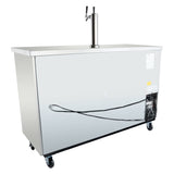 A large, silver commercial beer dispenser with a tap tower on top, wheels for mobility, a visible cooling vent and cord on the front, and a flat countertop. This keg cooler boasts a modern, industrial look and is photographed against a white background.