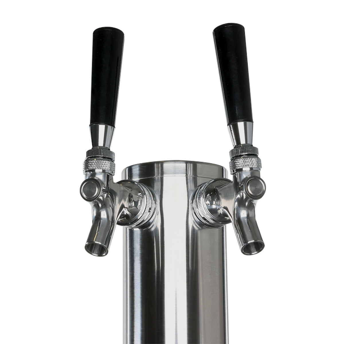 Close-up of a shiny stainless steel commercial beer dispenser tower with two black-handled tap levers. The cylindrical tower, designed for direct draw beer dispensing, features two spouts side by side against a white background.