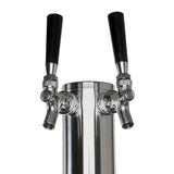 Close-up of a shiny stainless steel commercial beer dispenser tower with two black-handled tap levers. The cylindrical tower, designed for direct draw beer dispensing, features two spouts side by side against a white background.