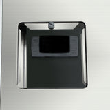 A small digital control panel with four buttons is mounted inside a recessed, rectangular metal frame on a brushed stainless steel surface of a commercial beer dispenser. The buttons are labeled SET, with icons, and up/down arrows. A screw is visible above the panel.