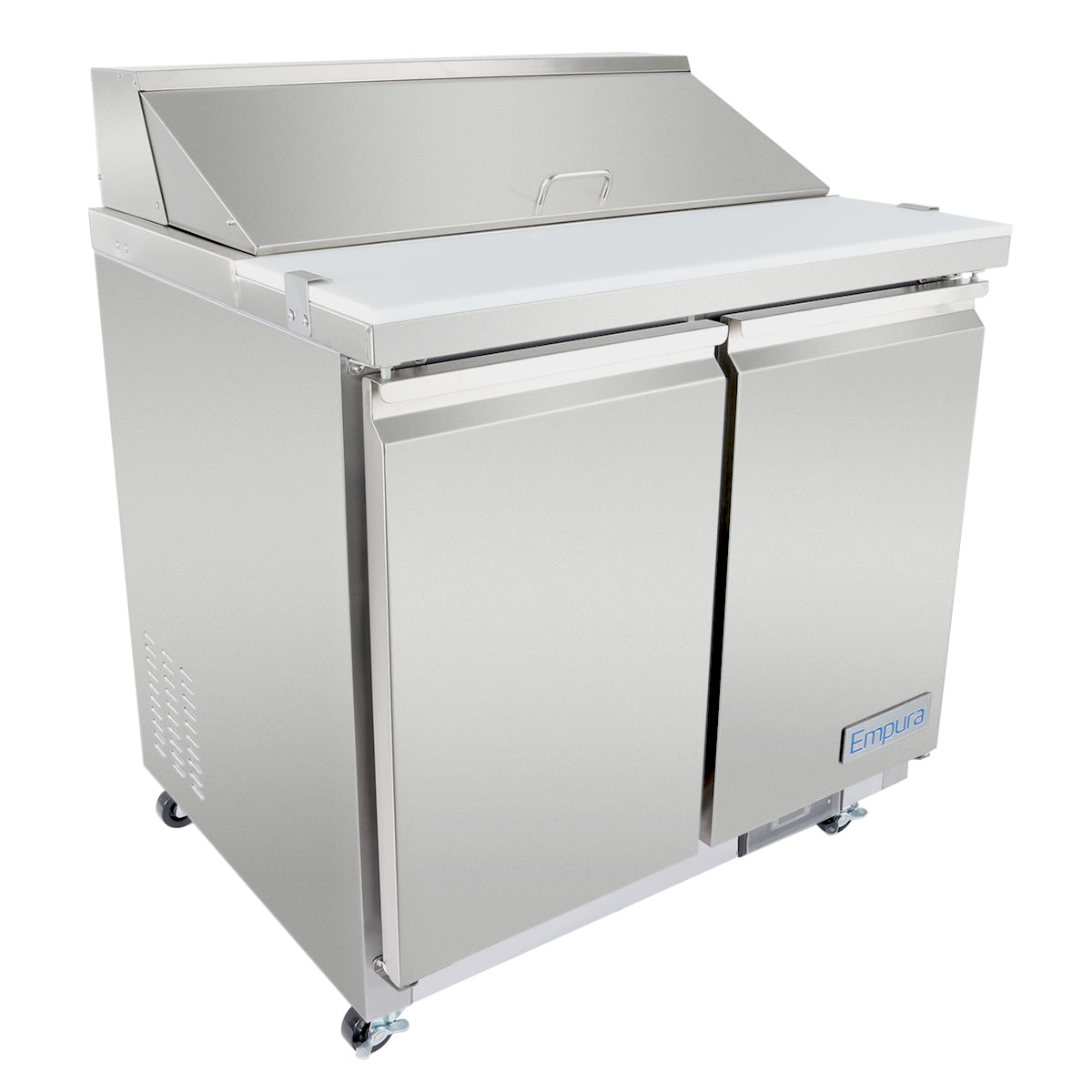 This Empura refrigeration salad prep table features a stainless steel build, two doors, a white cutting board, and a raised lid over food compartments. Mounted on caster wheels for easy mobility, it’s the ideal refrigerated sandwich prep table for any kitchen.