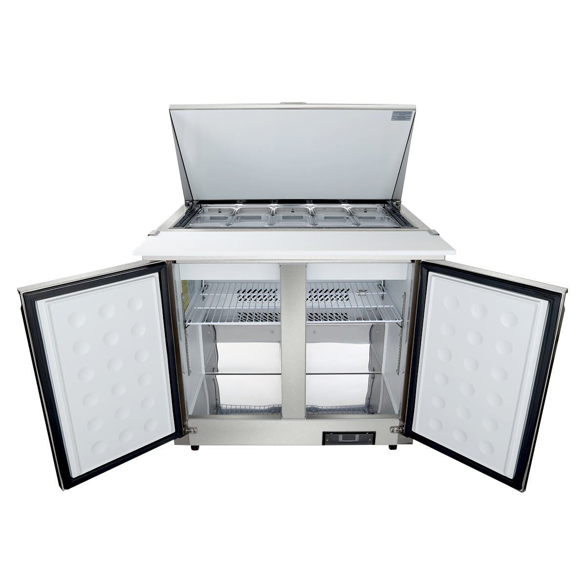 A commercial freezer with two front doors open showing wire shelves inside, and a top lid lifted to reveal several stainless steel food storage containers; the exterior is white with black trim, ideal as a Refrigerated sandwich prep table from Empura refrigeration.