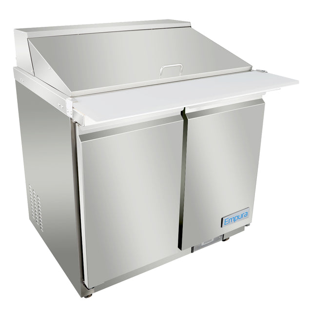 A stainless steel Empura refrigeration unit with two doors and a hinged top lid. This refrigerated sandwich prep table features a flat white prep surface, while the Empura brand name appears on the lower right door, set against a white background.