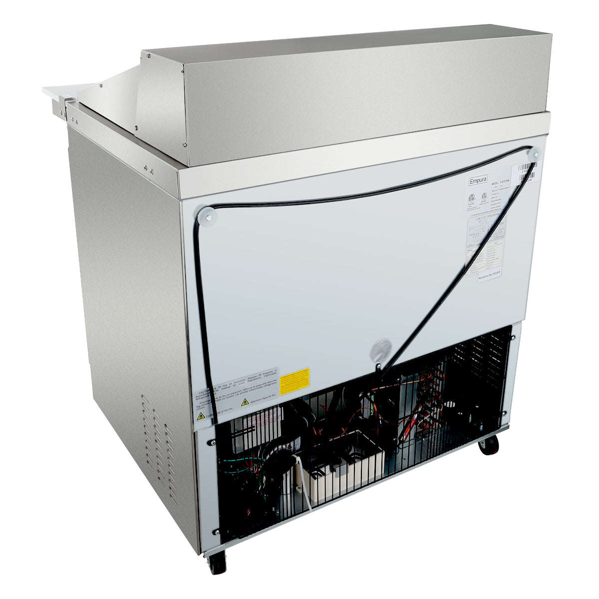 A commercial stainless steel Empura refrigeration unit with the back panel open reveals internal wiring, components, and cooling system. The refrigerated sandwich prep table sits on four small wheels and features a raised top section, likely for food prep or storage.
