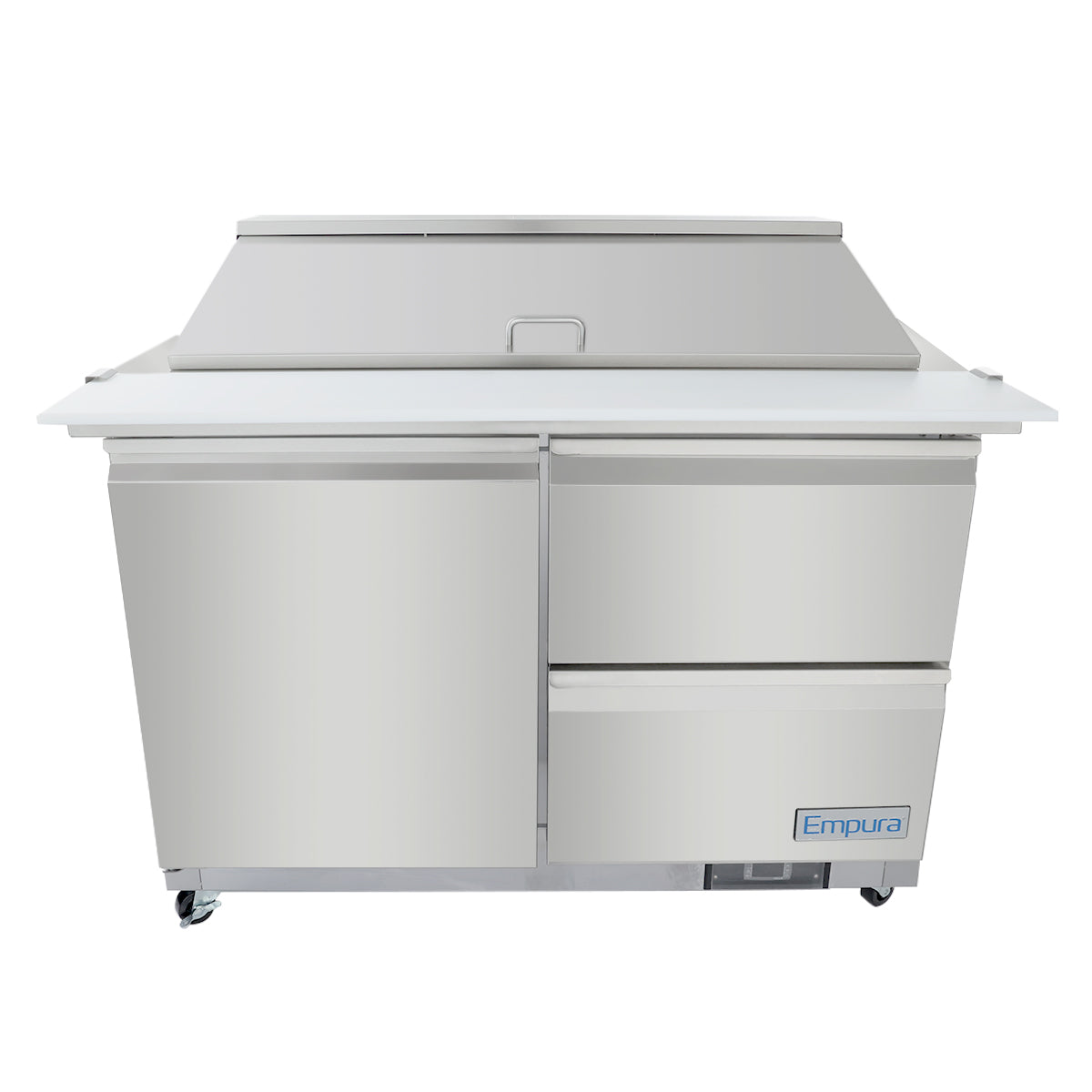 This Empura refrigerated prep table features a stainless steel sandwich salad mega top, two doors, two drawers, and casters. A raised, covered prep area sits above, while the Empura brand label is displayed on the lower right front drawer.